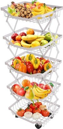 5 Tier Foldable Fruit Basket Kitchen Storage Rolling Cart, Living Room Baskets - 13.8L x 10.6W x 37.4H