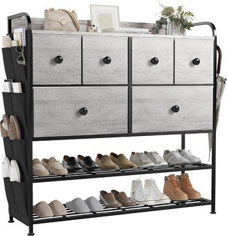 REAHOME 6 Fabric Drawer Dresser with 2-Tier Shoe Display Shelf & Side Pockets for Living Room, Bedroom, Hallway, or Entryway Organization, Dark Taupe