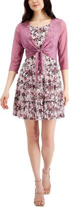 Petites Womens Floral Print Knee Fit & Flare Dress