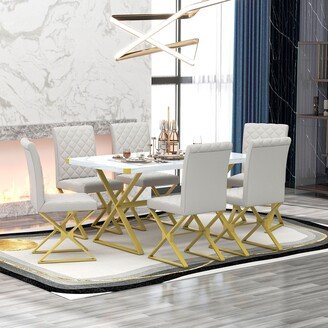 EDWINRAY 7-Piece Modern Dining Table Set, Rectangular Marble Texture Table and 6 PU leather Chairs with X-Shaped Gold Steel Pipe Legs