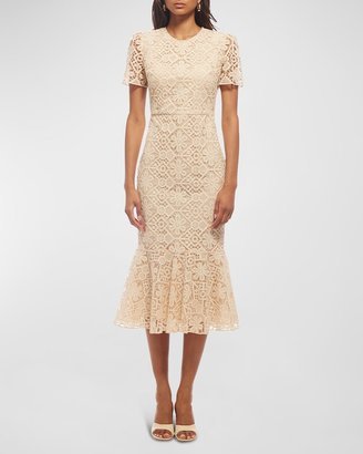 Thompson Lace Short-Sleeve Flounce-Hem Midi Dress