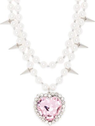 Heart-Pendant Studded Faux-Pearl Necklace