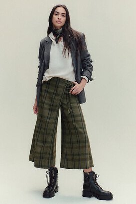 Kilted Plaid Wide-Leg Surplice Pants