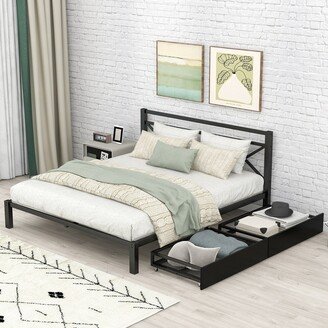 EDWINRAY Queen Modern Metal Platform Bed with 2 Drawers, Sturdy Metal BedFrame with Headboard, Ergonomically Designed/No Spring Box Neede