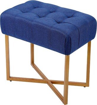 Rectangular Tufted Blue Foot Stool Ottoman with Pale Gold Legs