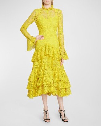 Tiered Ruffle Long-Sleeve Lace Midi Dress