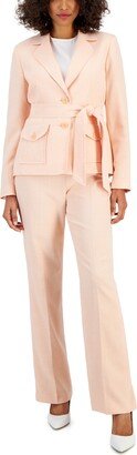 Women's Belted Safari Jacket Pantsuit, Regular & Petite Sizes - Apricot/White