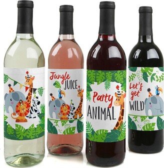 Big Dot Of Happiness Jungle Party Animals - Safari Animal Party Decor Wine Bottle Label Stickers 4 Ct