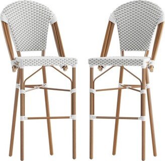 Merrick Lane Set of Two Indoor/Outdoor Stacking French Bistro Bar Stools with White and Gray Patterned Seats and Backs & Bamboo Finished Metal Frames