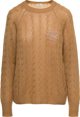 Beige Braided Pullover With Embroidered Logo On The Chest In Cashmere Woman