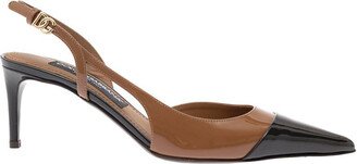 Brown Slingback Pumps with Contrasting Toe in Shiny Leather Woman