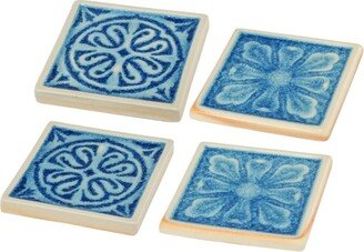 Square Shaped Ceramic Coaster with Intricate Detail, Blue and Cream, Set of Four