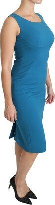 Blue Bodycon Sheath Knee Length Wool Women's Dress