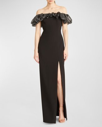 Micaela Off-Shoulder Crystal Ruffle Column Gown