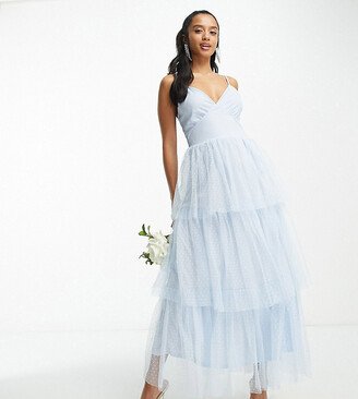 Vila Petite Bridesmaid tulle textured maxi dress with tiered skirt in blue