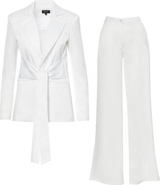 Bluzat White Suit With Blazer With Scarves And Wide Leg Trousers