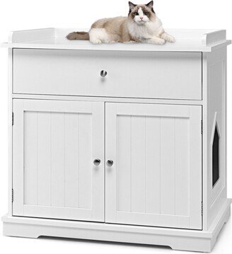 Wooden Cat Litter Box Enclosure with Drawer Side Table Furniture