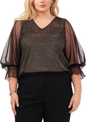 Plus Size V-Neck Smocked-Cuff Metallic Blouse