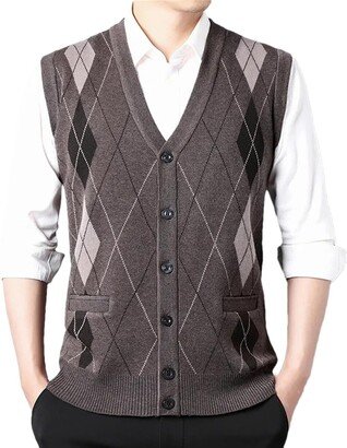 Dninmim Men's Rhombus Knitted Sweater Vest Business Casual Sleeveless Jumpers Tank Tops khaki9 Asian XL(72-78kg)