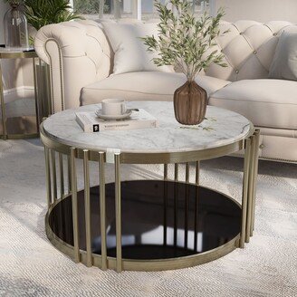 Roberts Glam Brass and White 28-inch Faux Marble 1-Shelf Drum Coffee Table