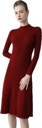 JXQXHCFS Autumn Winter High Elastic Cashmere Sweater Warm Basic Knit Pullovers Women Slim Casual Dresses Red M