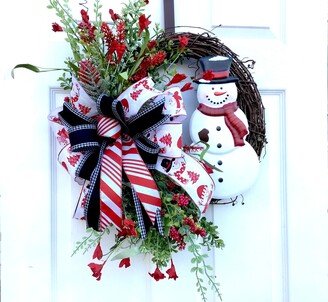 Christmas Wreath, Snowman Front Door Wreath With On Grapevine Winter Hostess Gift