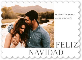 Christmas Cards: Simple Style Tarjeta De Navidad, White, 5X7, Feliz Navidad, Pearl Shimmer Cardstock, Scallop