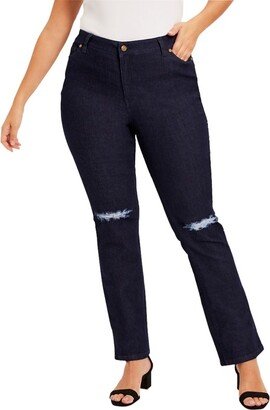 June + Vie by Roaman's Women's Plus Size Curvie Fit Distressed Straight-Leg Jeans, 28 W - Dark Wash Distressed