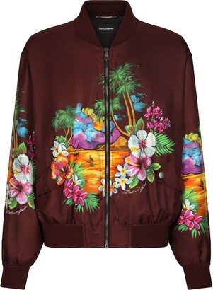 Island-Print Silk Bomber Jacket