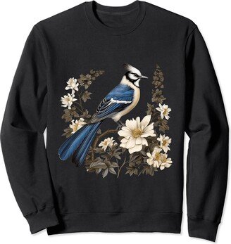 Cute Floral Cottagecore Blue Jay Bird Women Kids Cottagecore Flowers Blue Jay Birdlover Birdwatcher Sweatshirt-AA