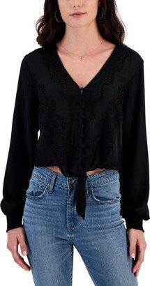 Juniors' Lace-Trimmed V-Neck Tie-Front Top