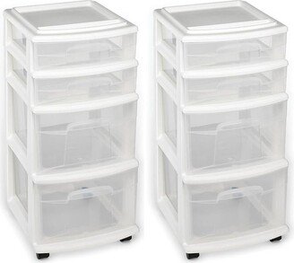 Homz Clear Plastic 4 Drawer Medium Home Storage Container Tower w/2 Large and 2 Small Drawers, and Removeable Caster Wheels, White Frame (2 Pack)