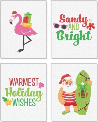 Tropical Christmas - Unframed Beach Santa & Flamingo Holiday Linen Paper Wall Art Set Of 4 Artisms 8 X 10 Inches