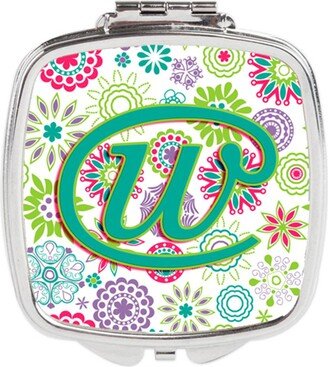 CJ2011-WSCM Letter W Flowers Pink Teal Green Initial Compact Mirror