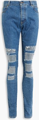 Skinny-fit distressed embellished denim jeans