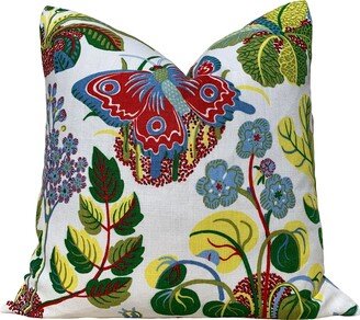 Schumacher Exotic Butterfly Linen Pillow Green, Red, Yellow, Blue. Designer Pillows, Floral Green Pillow, Euro Sham Cover, High End Pillows