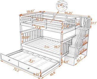 NINEDIN Stairway Full Over Full Bunk Bed with Twin Size Trundle, Storage Stairs and Guard Rail, 3-in-1 Bedframe for Bedroom Dorm