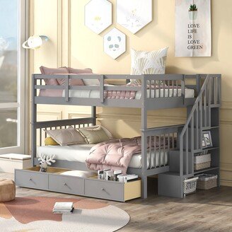 EYIW Stairway Full-Over-Full Bunk Bed with Drawer, Full Size Loft Bed with Storage and Guard Rail for Bedroom