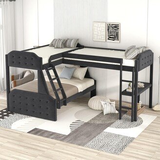 TOSWIN L-shaped Twin over Full Bunk Bed & Twin Size Loft Bed, Upholstered Bed Triple Bunk with Built-in Desk & Full-length Guardrail