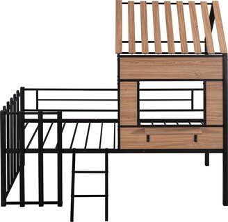 NINEDIN Designs Kids House Beds Low Loft Bed Frame with Roof, Window, Guardrail and Ladder, Metal Twin Size Loft Bed for Kids - Black