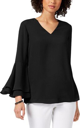 Petites Womens Chiffon Poet Sleeves Blouse