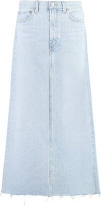 Back Slit Frayed Edge Denim Midi Skirt