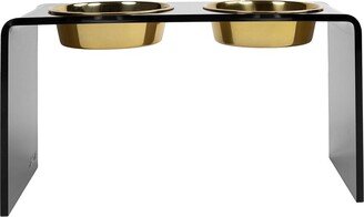 Hiddin Large Smoke Grey Double Bowl Pet Feeder With Gold Bowls