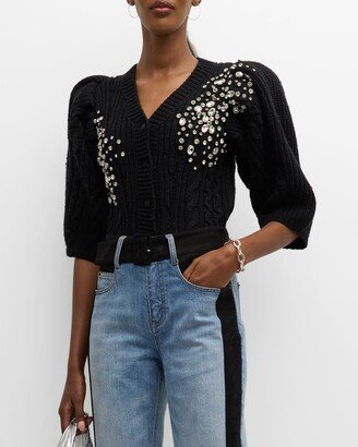 Gloria Crystal Puff-Sleeve Cable Knit Crop Cardigan