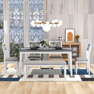 GREATPLANINC Rectangular Wood Kitchen Table Set with 4 Chairs & Bench, White+gray