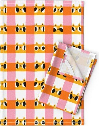 Checks Tea Towels | Set Of 2 - Check It Out Meow By Stolenpencil Cat Gingham Abstract Animals Linen Cotton Spoonflower