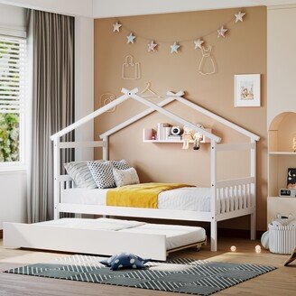 GEROJO White Whimsical House Bed, Twin Size Wooden House Bed with Trundle, Solid Pine Construction, Imaginative Design for Kids