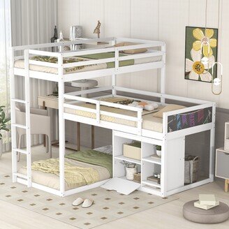 Calnod L-shaped Wood Triple Twin Size Bunk Bed with Storage Cabinet and Blackboard, Ladder