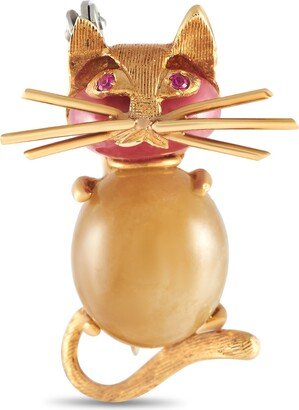 Non Branded LB Exclusive 18K Yellow Gold Ruby and Cat's Eye Cat Brooch