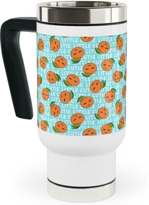 Travel Mugs: Little Cutie - Happy Oranges - Blue Travel Mug With Handle, 17Oz, Blue